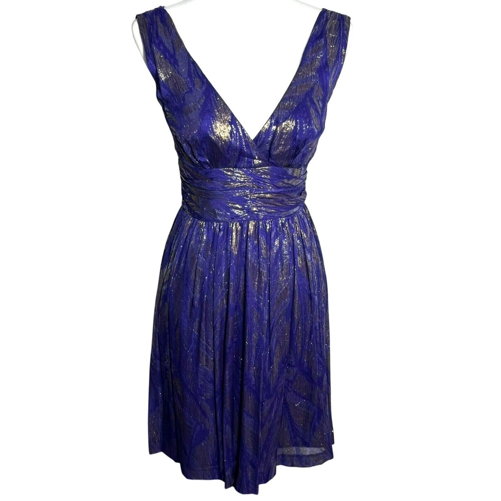 TRINA TURK NWT 0 Purple Gold Silver Metallic Silk Midi Party Dress Neiman Marcus